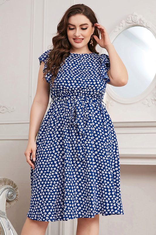Curve Blue Daisy Print Tie Waist Dress - MARIGOLD 