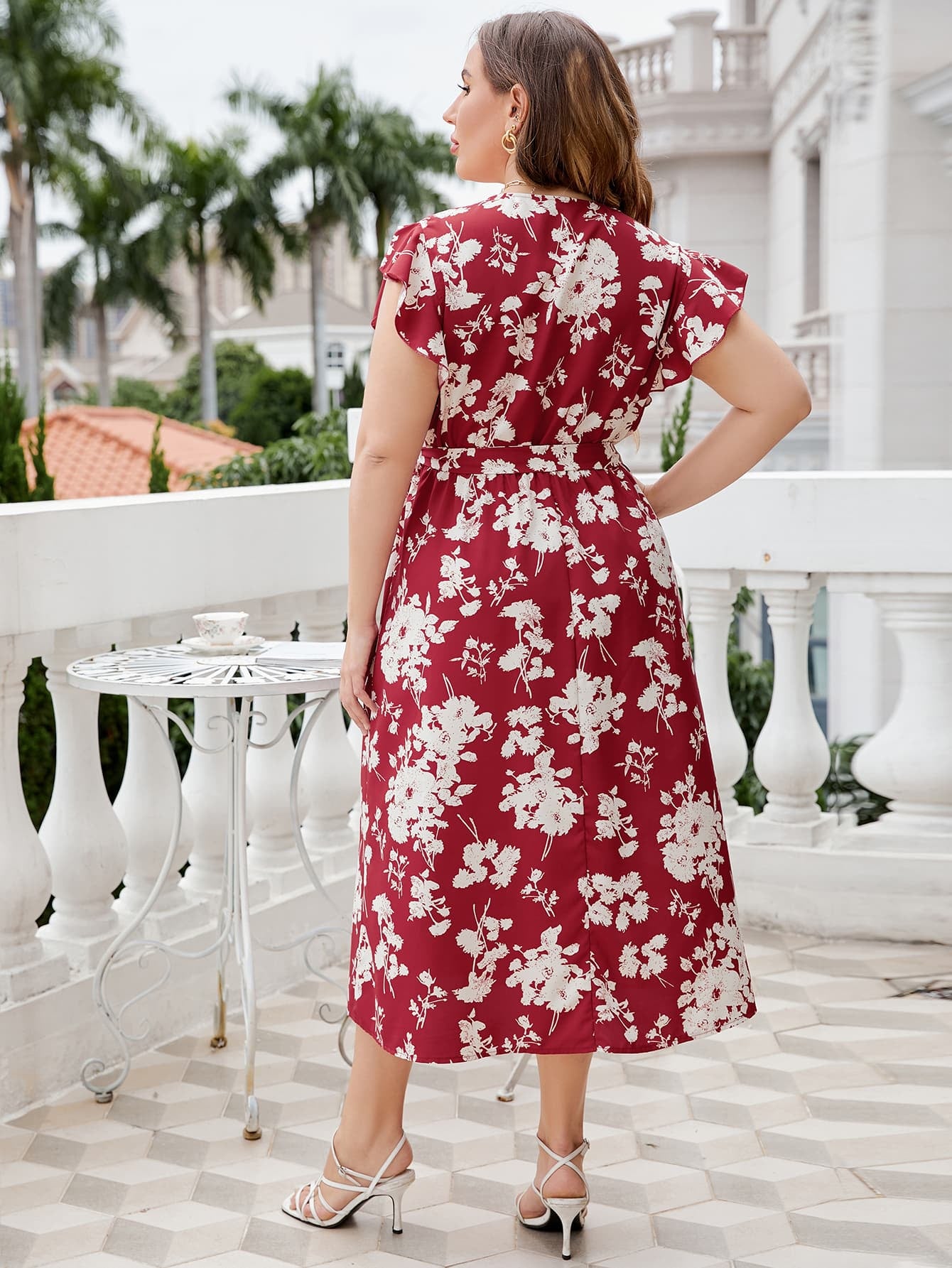 Floral Tie Waist Surplice Neck Midi Dress (Curve) - MARIGOLD 