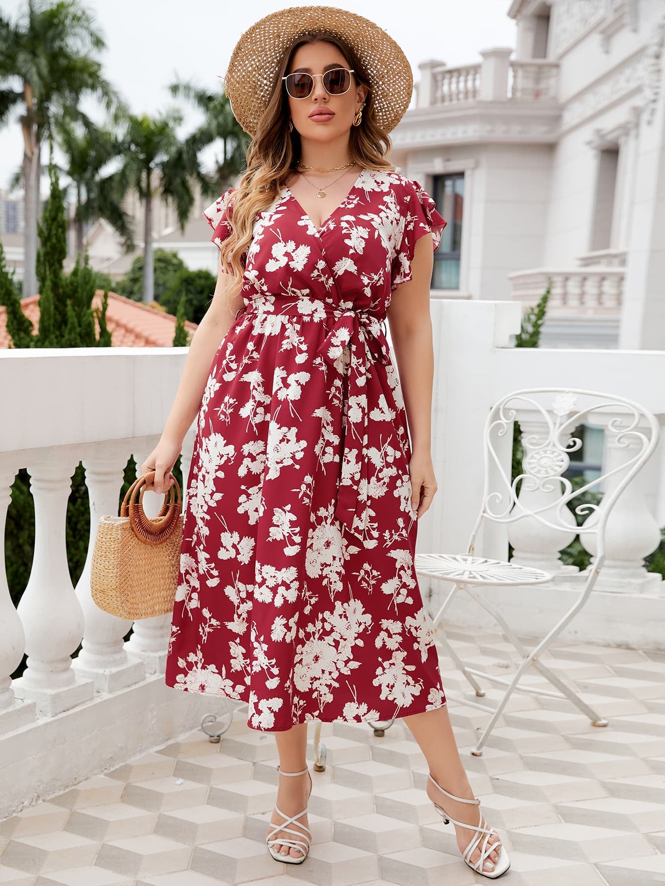Floral Tie Waist Surplice Neck Midi Dress (Curve) - MARIGOLD 