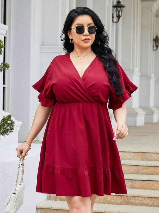 Plus Size Ruched Surplice Flounce Sleeve Mini Dress - MARIGOLD 