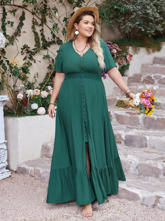 Plus Size Button Detail V-Neck Short Sleeve Maxi Dress - MARIGOLD 