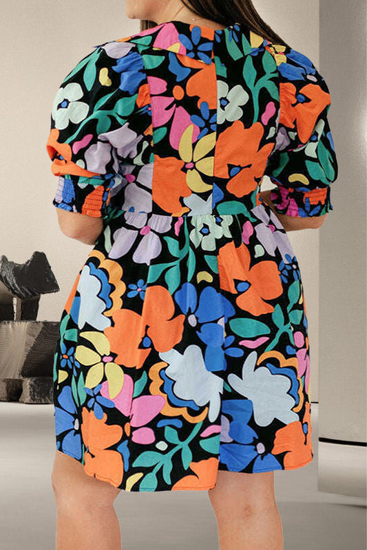Floral Print V-Neck Short Sleeve Mini Dress (Curve) - MARIGOLD 