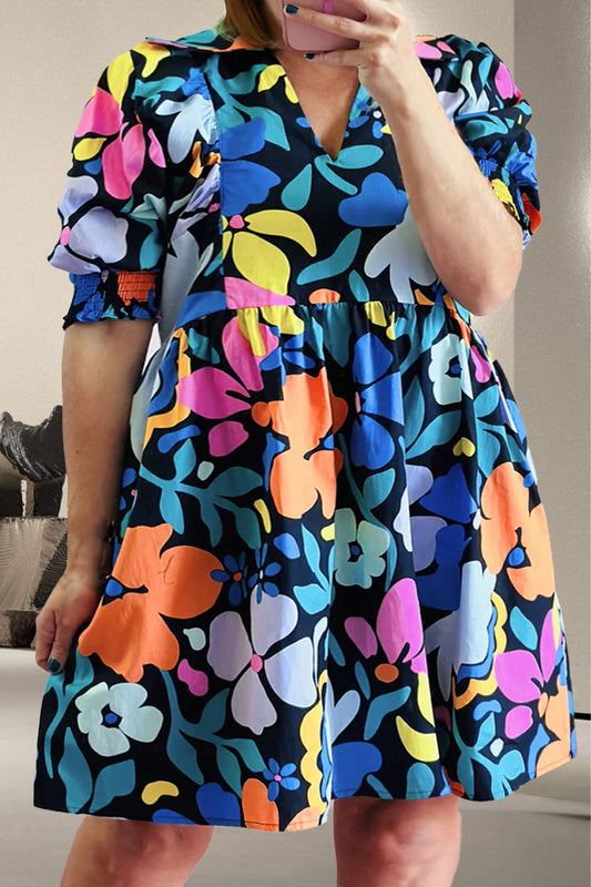 Floral Print V-Neck Short Sleeve Mini Dress (Curve) - MARIGOLD 