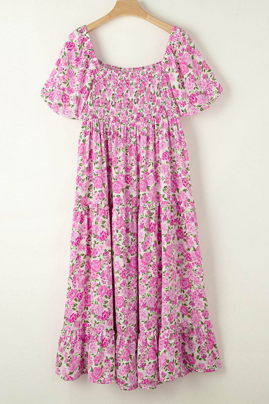 Pretty Pink Floral Print Plus Size Smocked Square-Neck Short-Sleeve Maxi Dress - MARIGOLD 