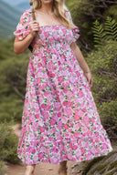 Pretty Pink Floral Print Plus Size Smocked Square-Neck Short-Sleeve Maxi Dress