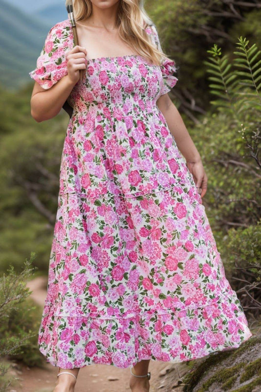 Pretty Pink Floral Print Plus Size Smocked Square-Neck Short-Sleeve Maxi Dress - MARIGOLD 
