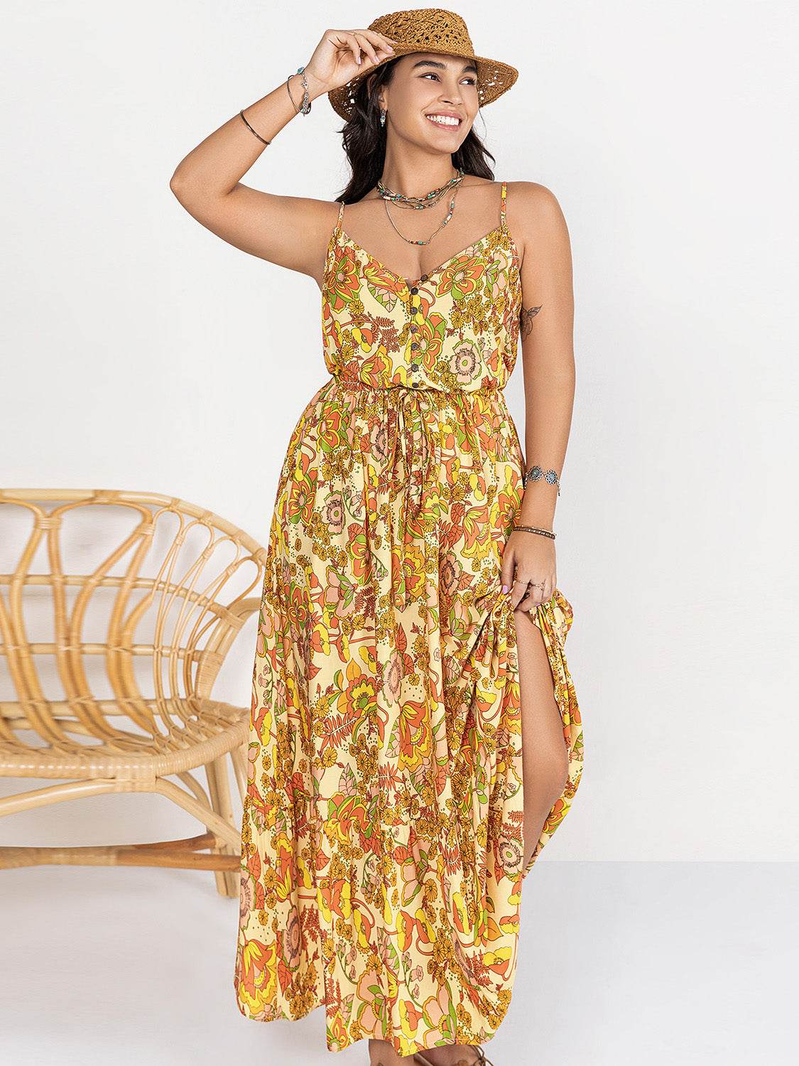 Plus Size Printed V-Neck Maxi Cami Dress - MARIGOLD 