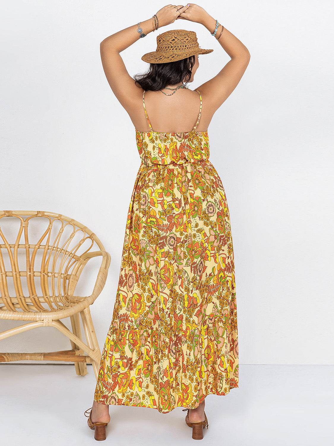 Plus Size Printed V-Neck Maxi Cami Dress - MARIGOLD 