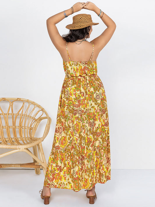 Plus Size Printed V-Neck Maxi Cami Dress - MARIGOLD 