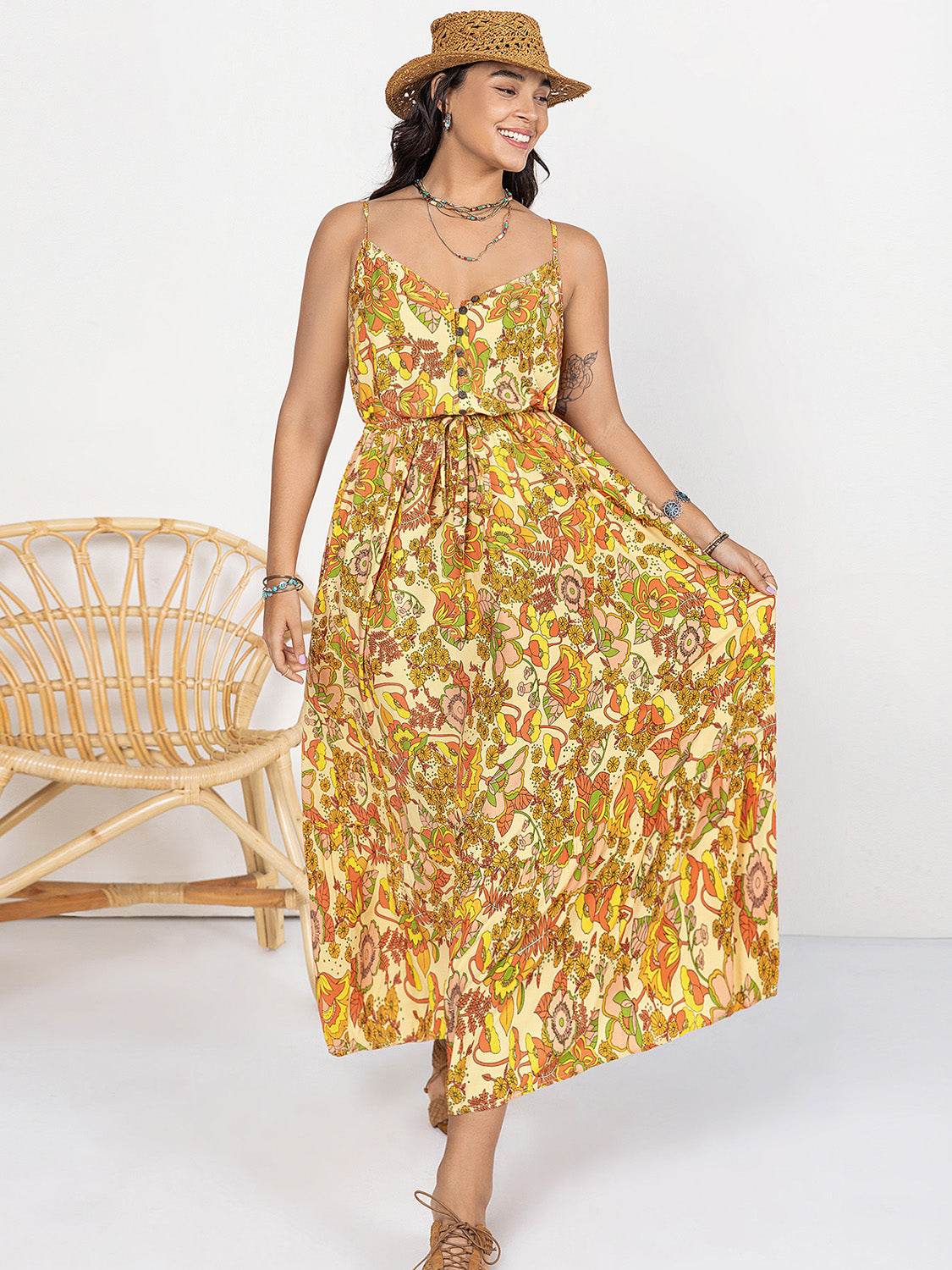 Plus Size Printed V-Neck Maxi Cami Dress - MARIGOLD 