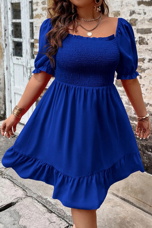 Plus Size Smocked Square Neck Short Sleeve Dress - MARIGOLD 