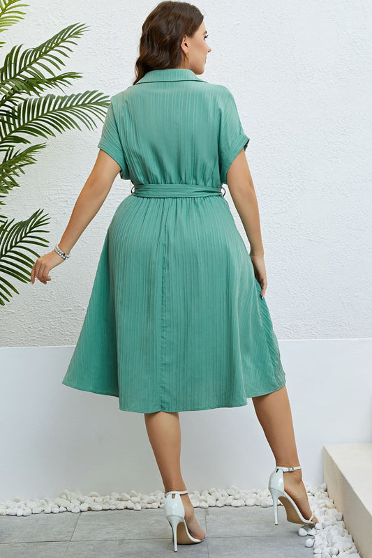 Collared Tie-Waist Button-Down Shirt Dress (Curve) - MARIGOLD 