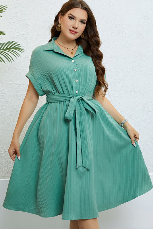 Collared Tie-Waist Button-Down Shirt Dress (Curve) - MARIGOLD 