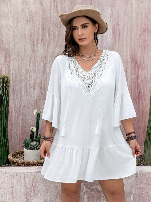 Plus Size Lace Detail Tie Neck Three-Quarter Sleeve Mini Dress - MARIGOLD 