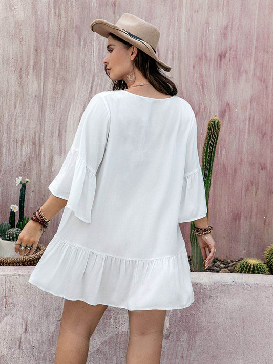 Plus Size Lace Detail Tie Neck Three-Quarter Sleeve Mini Dress - MARIGOLD 