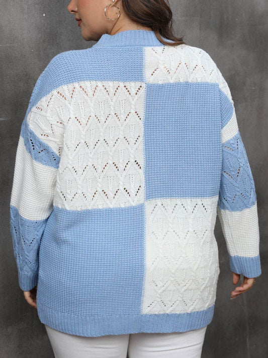 Curve Blue and White Color Block Openwork Sweater - MARIGOLD 