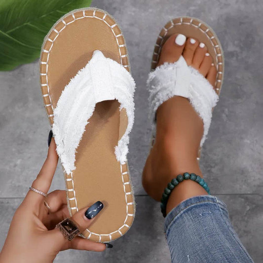 Toe Post Raw Hem Flat Sandals - MARIGOLD 