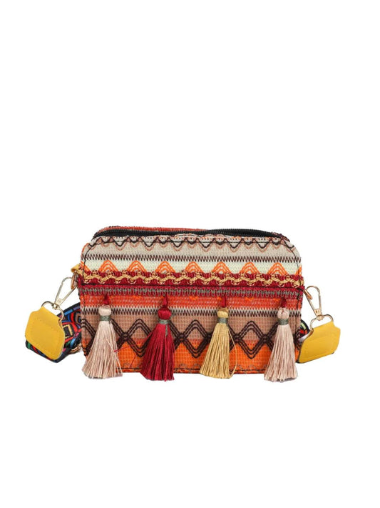 Bohemian Tassel Trim Crossbody Bag - MARIGOLD 
