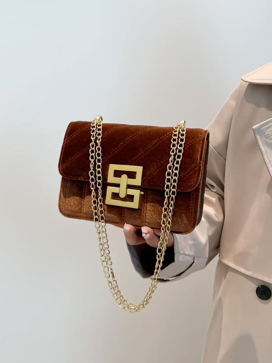 Faux velvet flap shoulder bag with twist lock and chain - MARIGOLD 