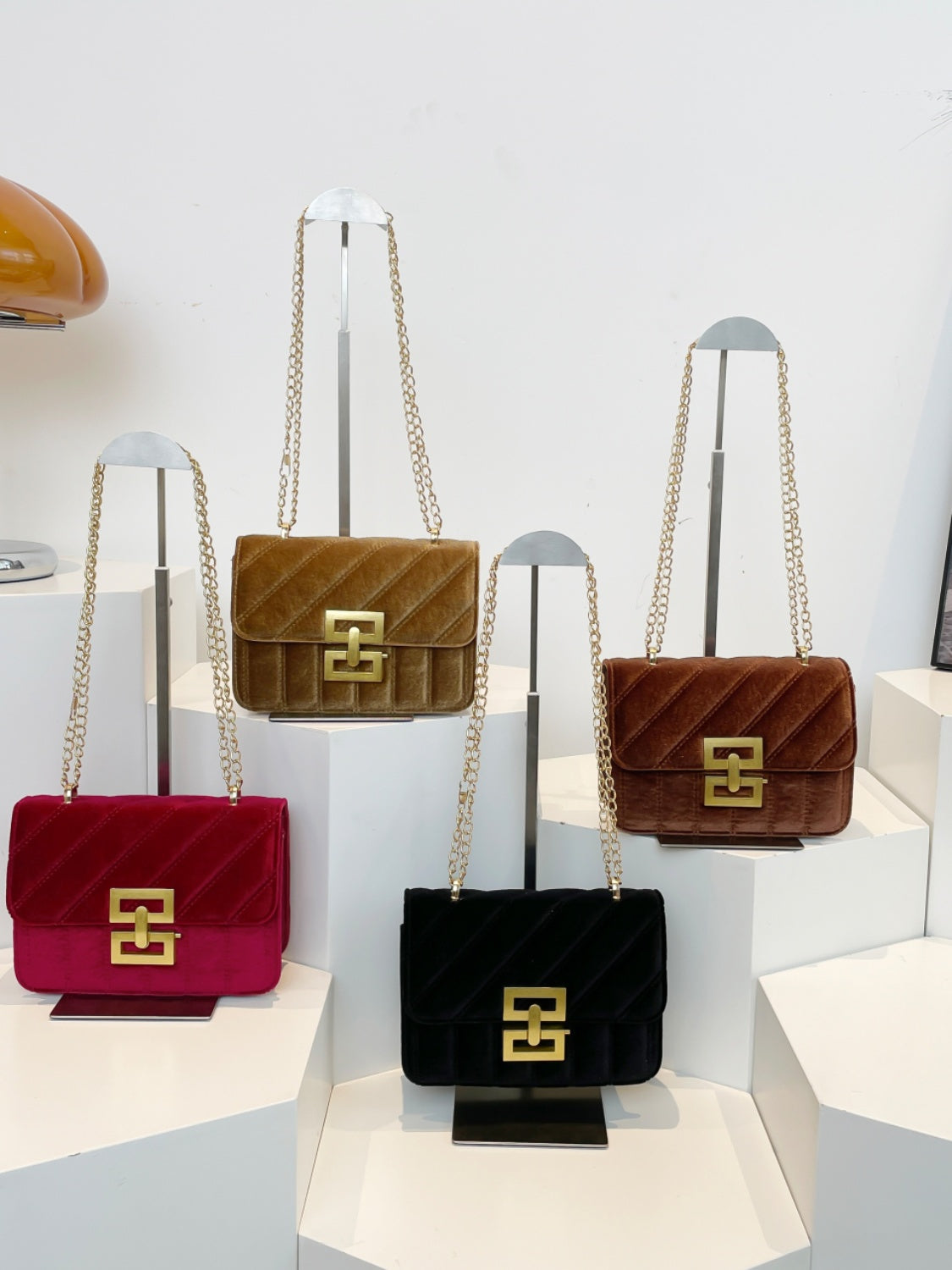 Faux velvet flap shoulder bag with twist lock and chain - MARIGOLD 