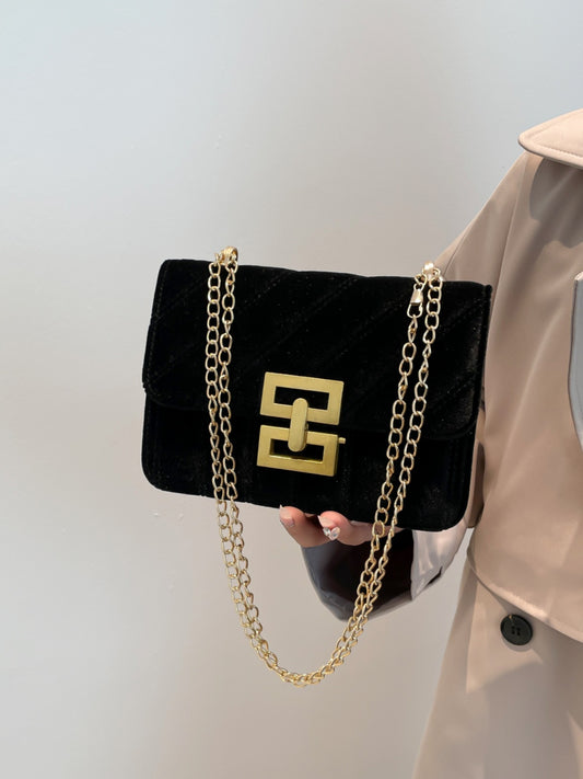 Faux velvet flap shoulder bag with twist lock and chain - MARIGOLD 