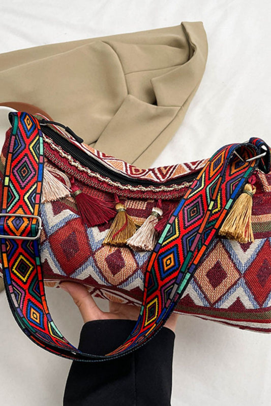 Geometric-Design Tassel Adjustable-Strap Shoulder Bag - MARIGOLD 