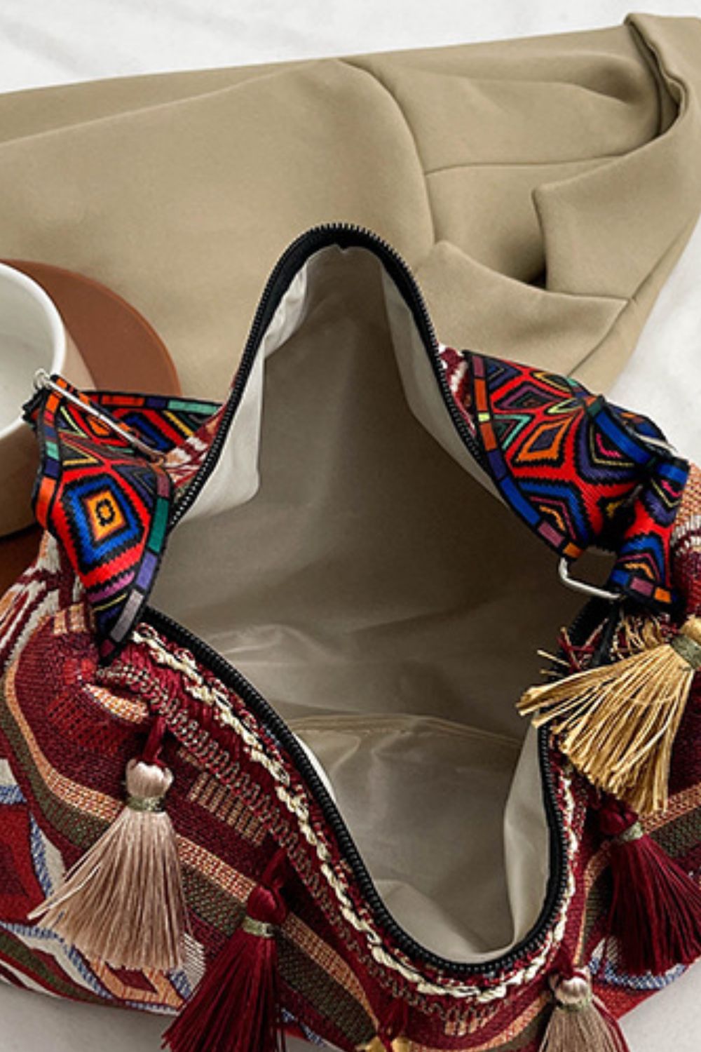Geometric-Design Tassel Adjustable-Strap Shoulder Bag - MARIGOLD 