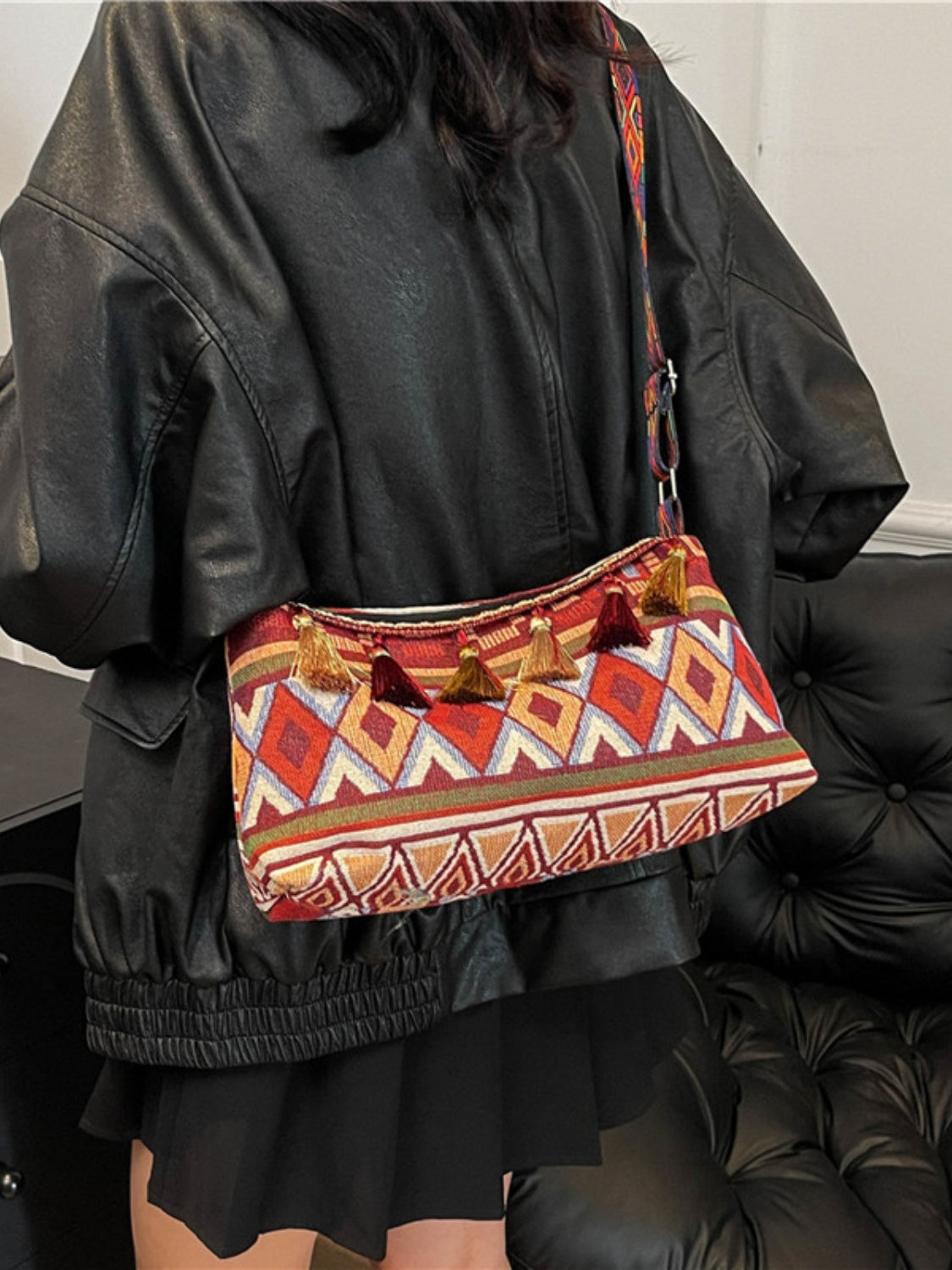 Geometric-Design Tassel Adjustable-Strap Shoulder Bag - MARIGOLD 