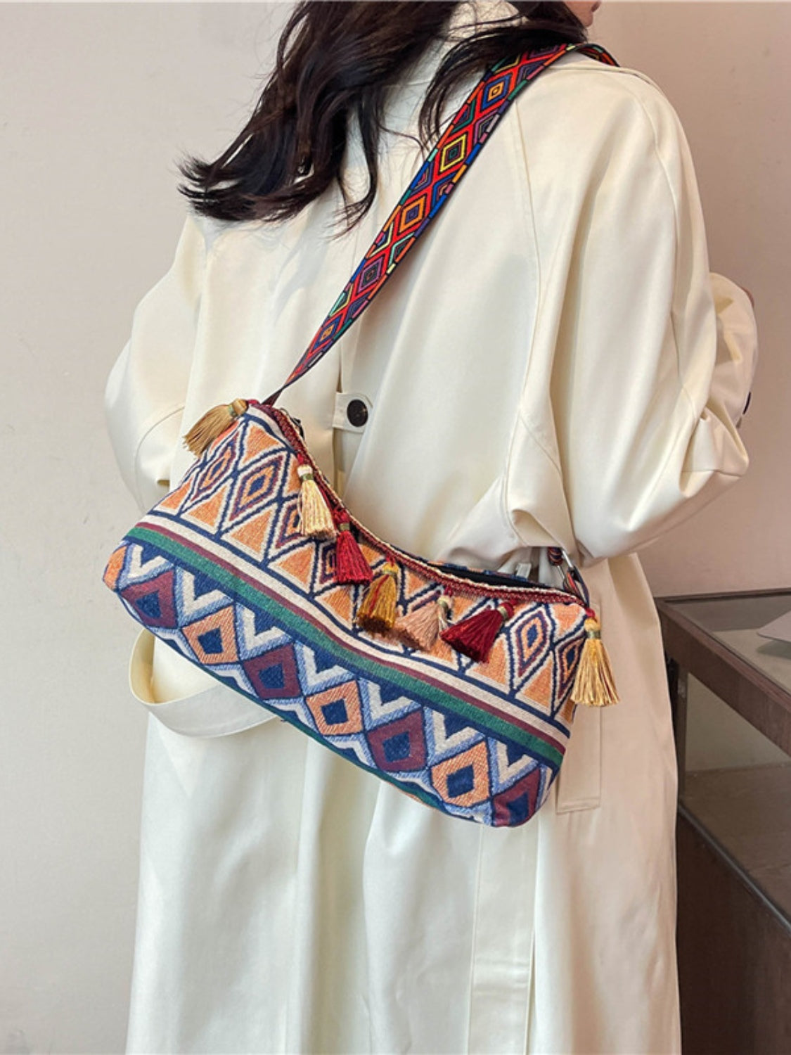 Geometric-Design Tassel Adjustable-Strap Shoulder Bag - MARIGOLD 