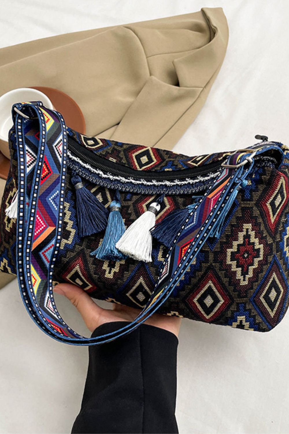 Geometric-Design Tassel Adjustable-Strap Shoulder Bag - MARIGOLD 