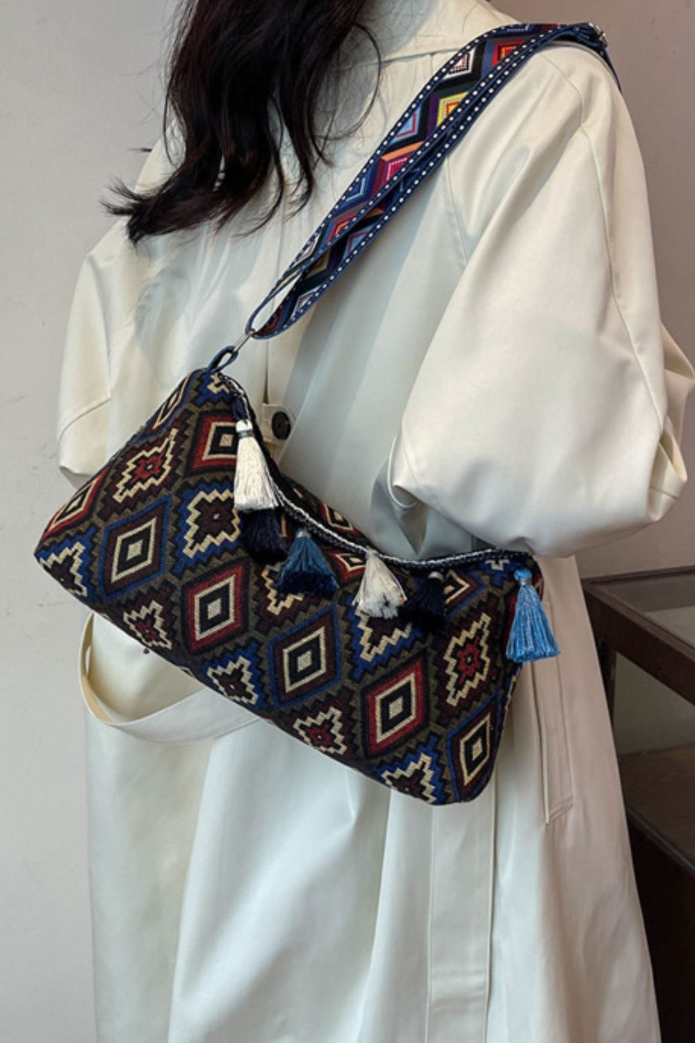 Geometric-Design Tassel Adjustable-Strap Shoulder Bag - MARIGOLD 