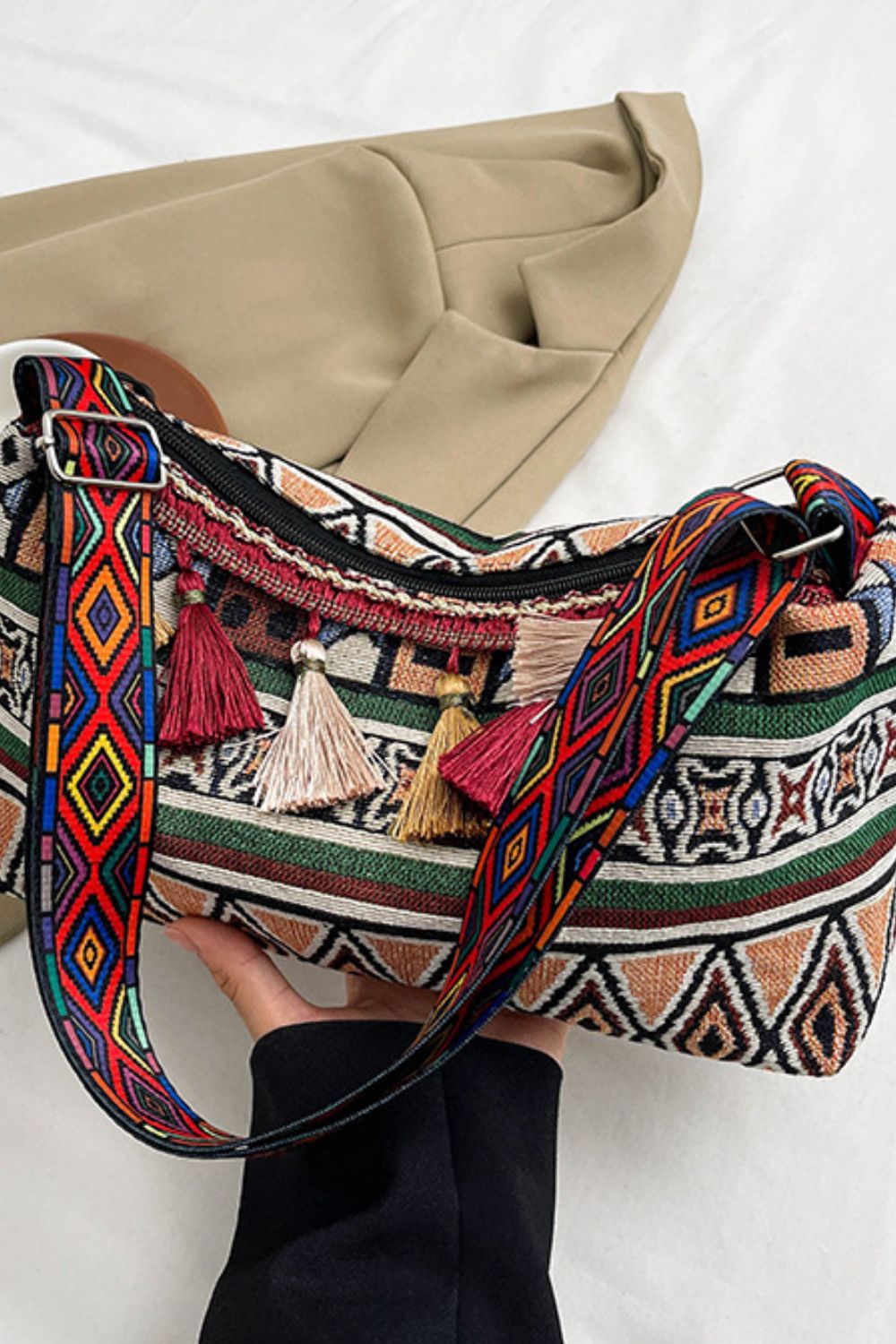 Geometric-Design Tassel Adjustable-Strap Shoulder Bag - MARIGOLD 