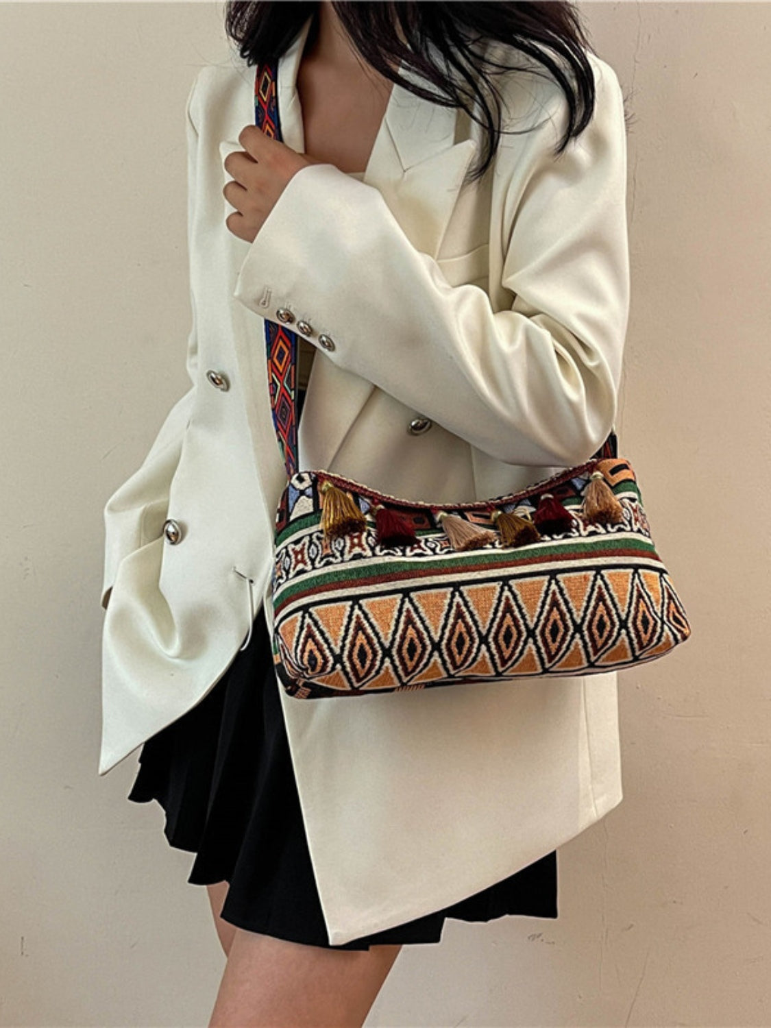 Geometric-Design Tassel Adjustable-Strap Shoulder Bag - MARIGOLD 