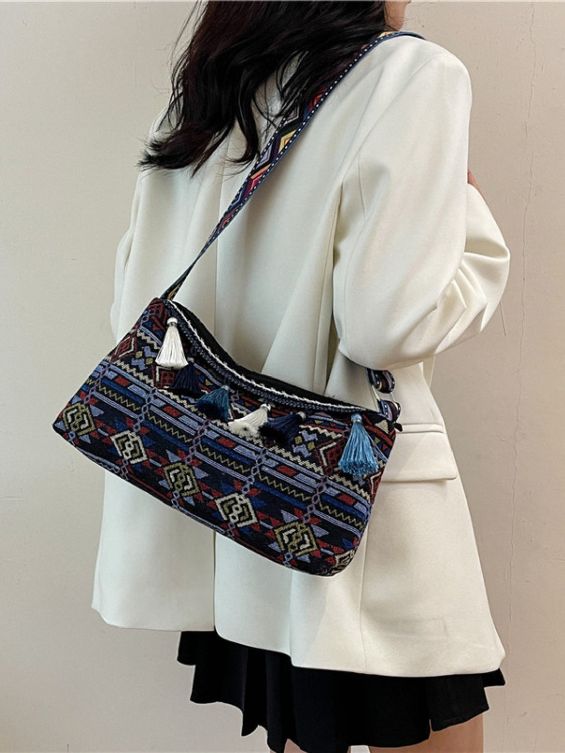 Geometric-Design Tassel Adjustable-Strap Shoulder Bag - MARIGOLD 