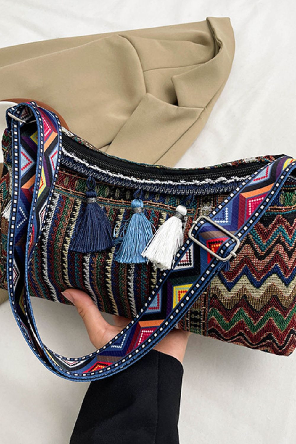 Geometric-Design Tassel Adjustable-Strap Shoulder Bag - MARIGOLD 