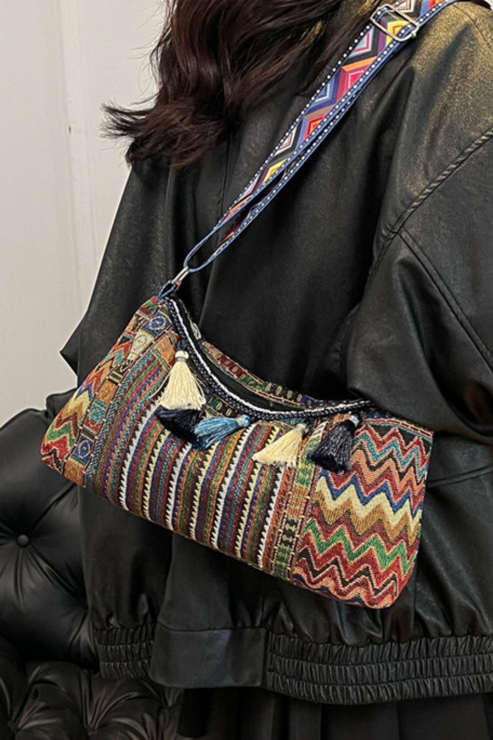 Geometric-Design Tassel Adjustable-Strap Shoulder Bag - MARIGOLD 