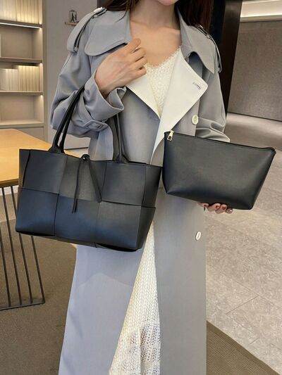 PU Leather Woven Handbag and Clutch Set - MARIGOLD 