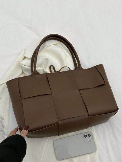 PU Leather Woven Handbag and Clutch Set - MARIGOLD 