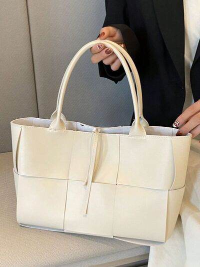 PU Leather Woven Handbag and Clutch Set - MARIGOLD 