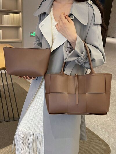 PU Leather Woven Handbag and Clutch Set - MARIGOLD 
