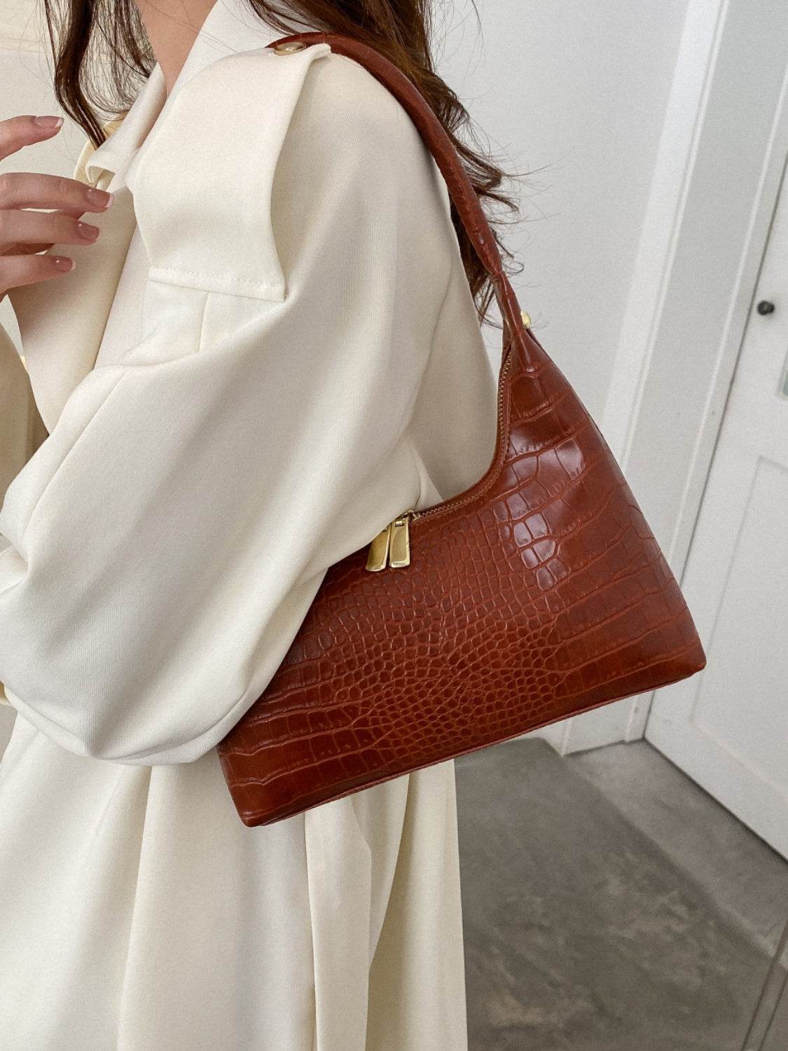 Crocodile Grain Shoulder Bag - MARIGOLD 