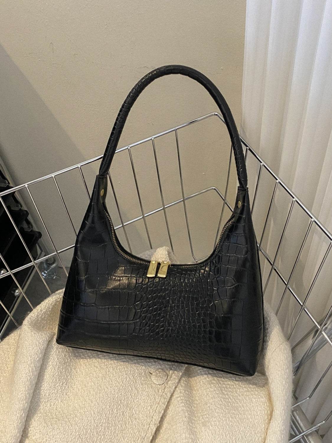 Crocodile Grain Shoulder Bag - MARIGOLD 