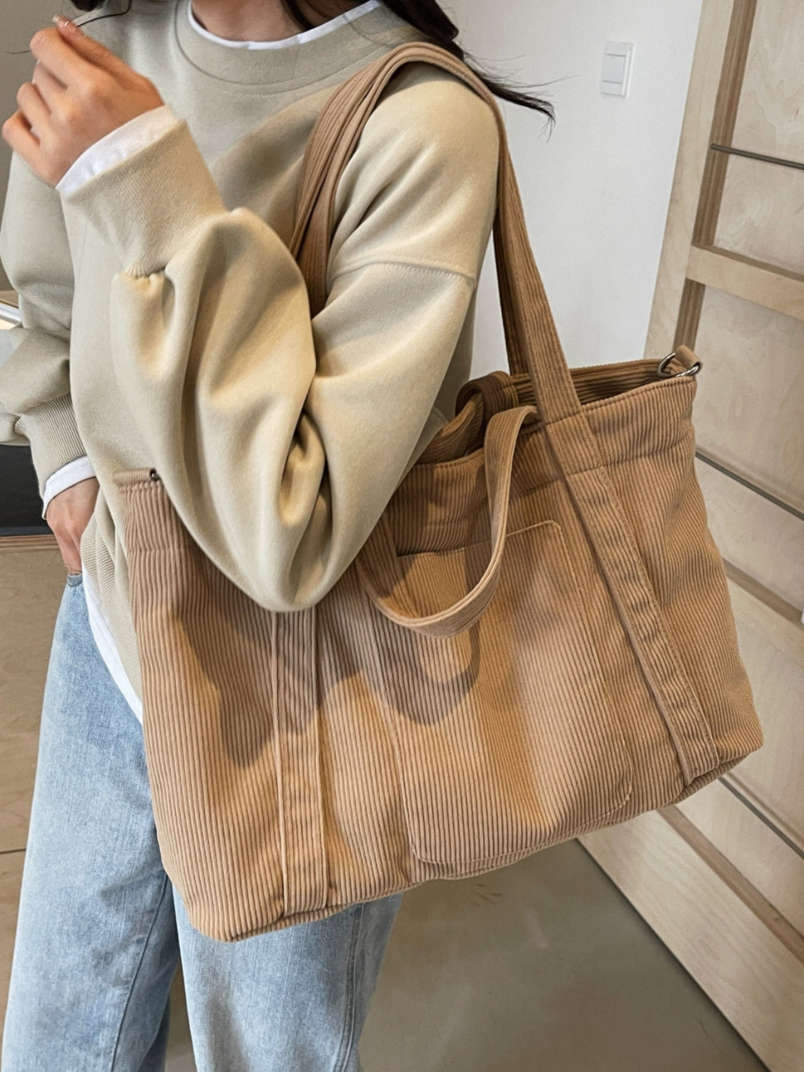 Corduroy Large Multi-Handle Tote Bag - MARIGOLD 