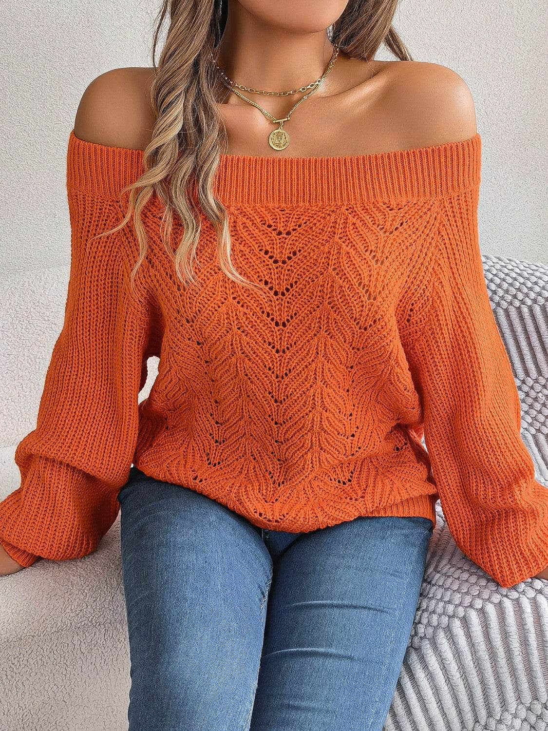 Openwork Off-Shoulder Long Sleeve Sweater - MARIGOLD 