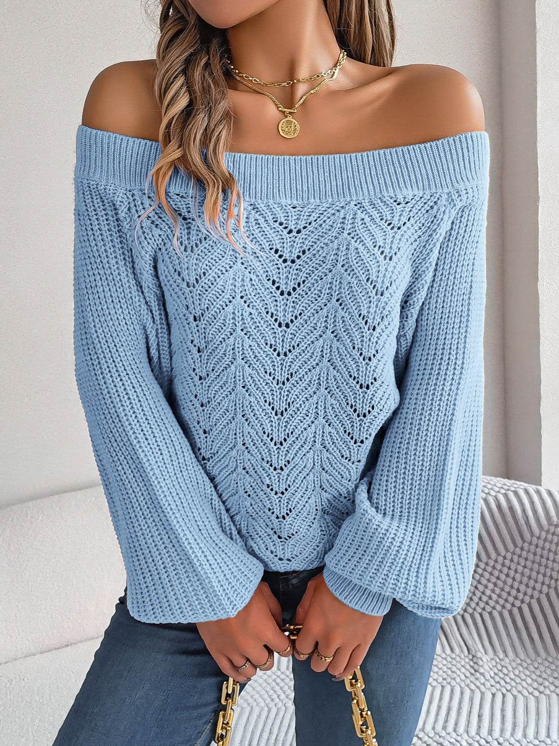 Openwork Off-Shoulder Long Sleeve Sweater - MARIGOLD 
