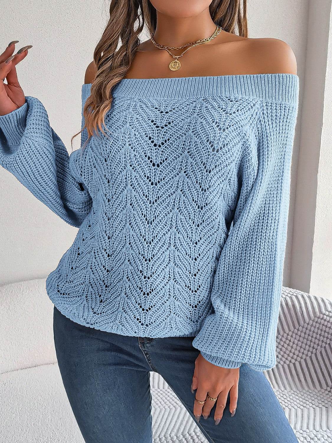 Openwork Off-Shoulder Long Sleeve Sweater - MARIGOLD 