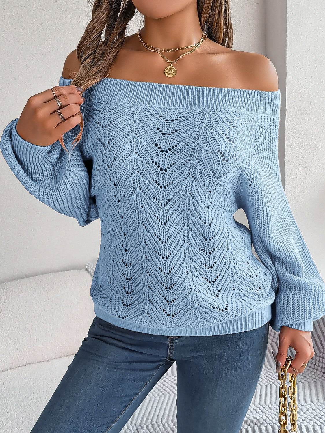 Openwork Off-Shoulder Long Sleeve Sweater - MARIGOLD 