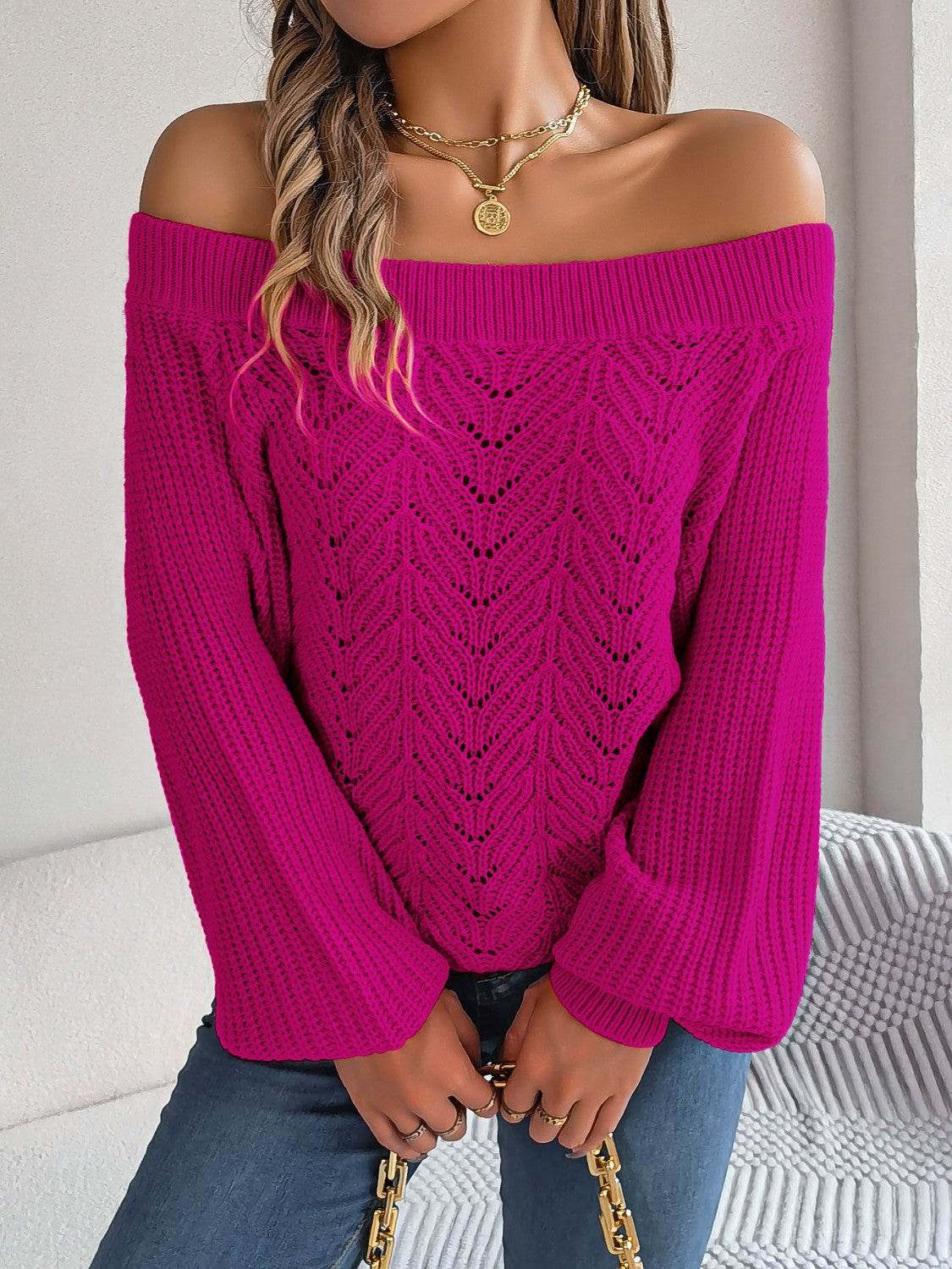 Openwork Off-Shoulder Long Sleeve Sweater - MARIGOLD 