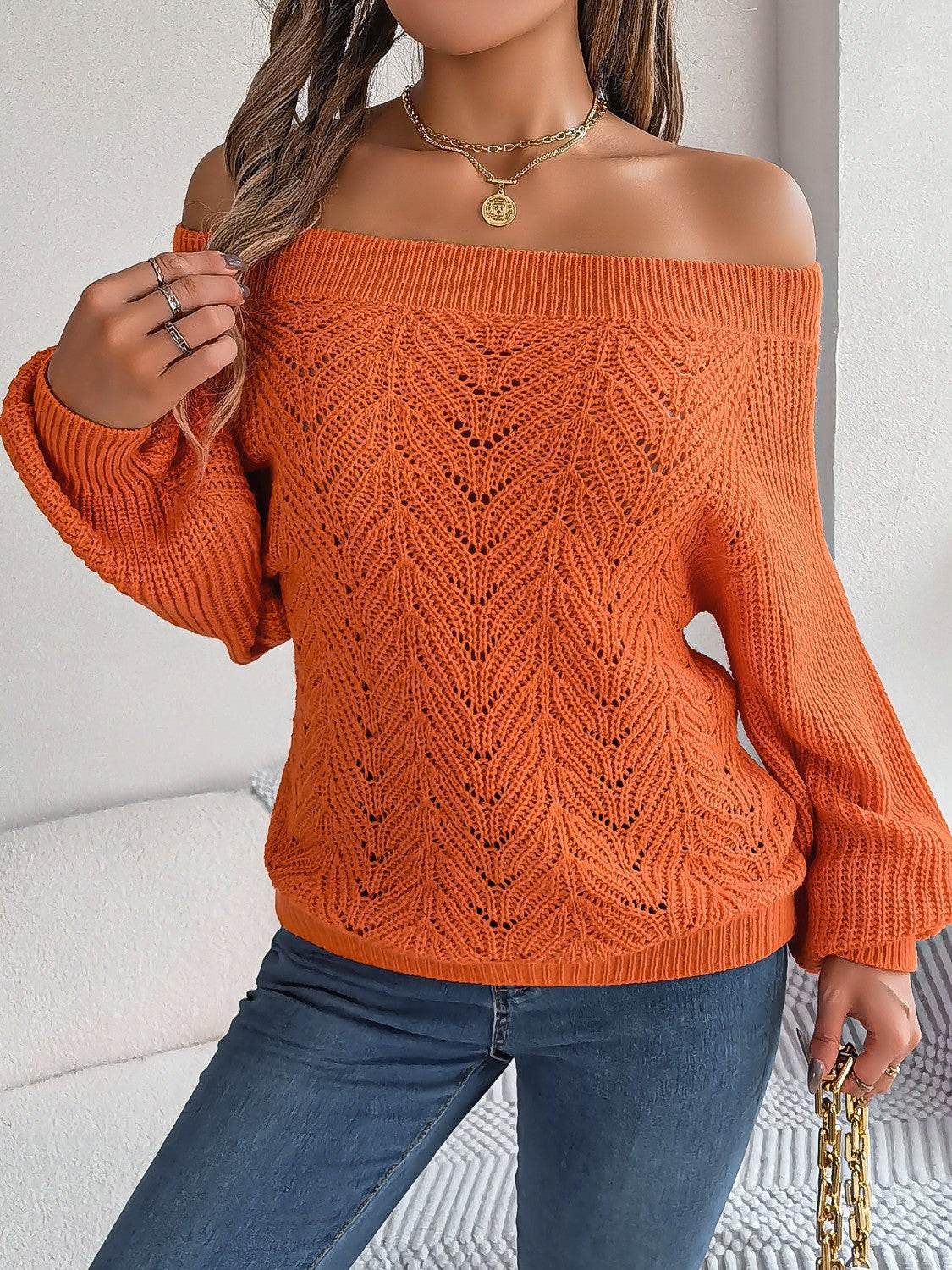 Openwork Off-Shoulder Long Sleeve Sweater - MARIGOLD 