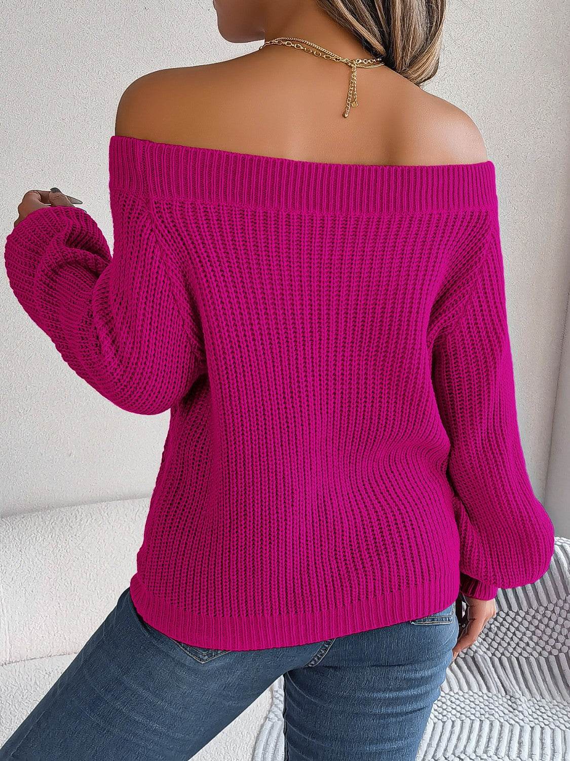 Openwork Off-Shoulder Long Sleeve Sweater - MARIGOLD 